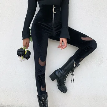 

High Waist Slim Pants Women Gothic Dark Ins Crescent Velvet Trousers Harajuku Fashion Punk Streetwear Hip Hop Black Pants Female