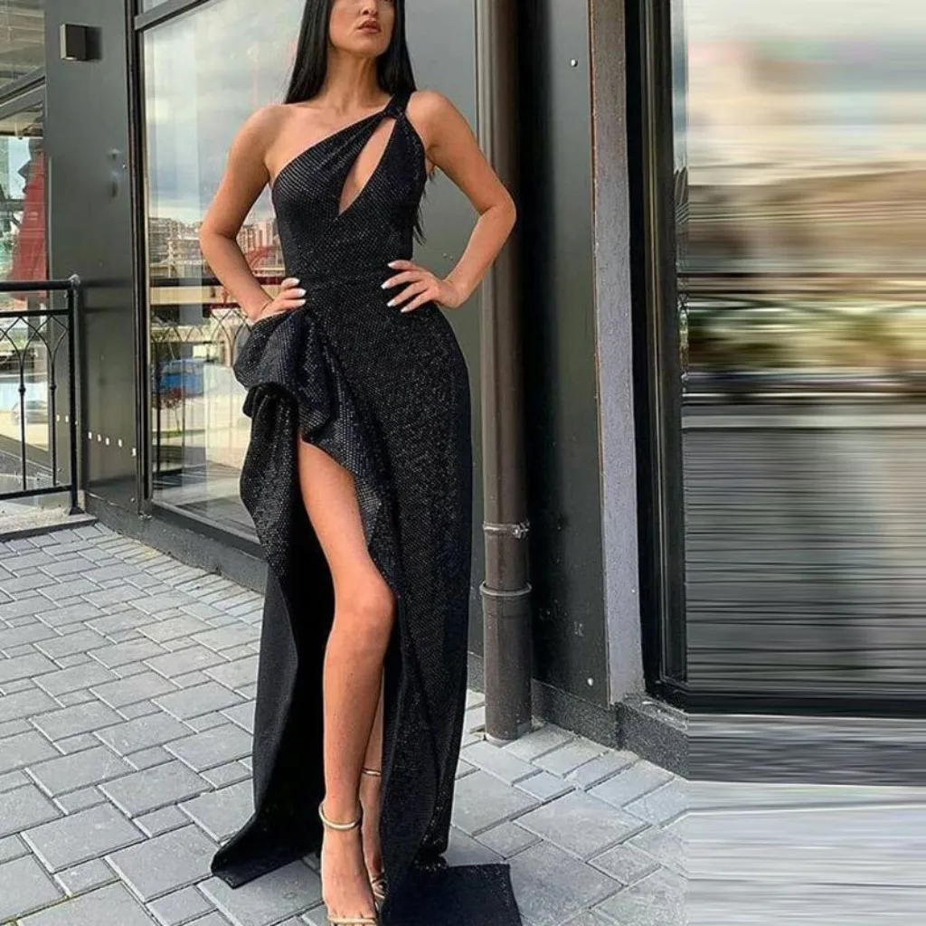 

Black Prom Dresses One Shoulder Sexy Open Front Bling Asymmetry 2022 Fashion Spring Formal Evening Party Prom Gown YSAN1160