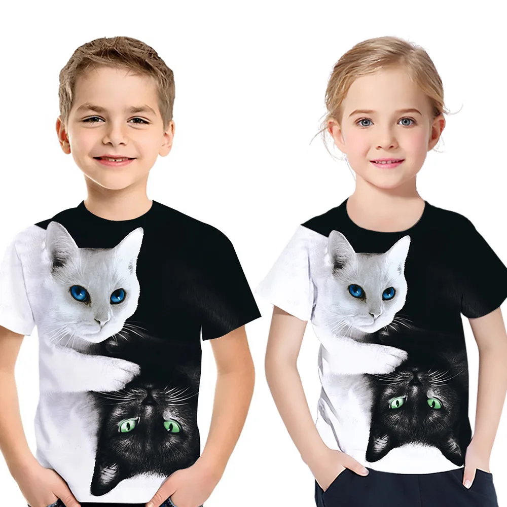 

2020 new boy T-shirt black and white cat printing short sleeve Tops children's fashion clothes summer casual Kids Tshirt costume