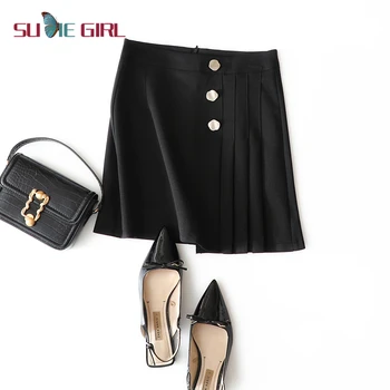 

SUDIE Girl Solid color elegant casual simple atmosphere commuting wild three buckle short pleated skirt black pink