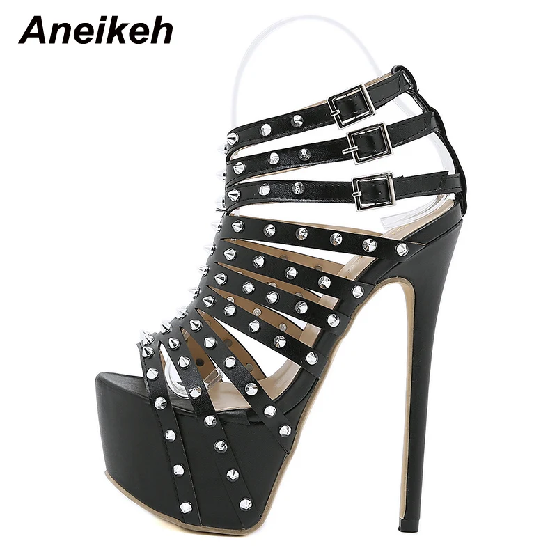 Aneikeh Gladiator Rivet Women High Sandals Summer Sexy Stripper 17.5CM Thin Heels Shoes Platform Fashion Narrow Band Pumps