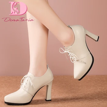 

Doratasia Hot New Design Genuine Leather Square Heels Shoes Woman Pumps Female Pointed Toe Lace-Up Office Lady Pumps Women