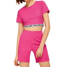 Модный женский спортивный костюм, женский костюм с коротким рукавом, с буквенным принтом, с круглым вырезом, блузка и шорты, комплект из двух предметов, укороченный топ и шорты# g4