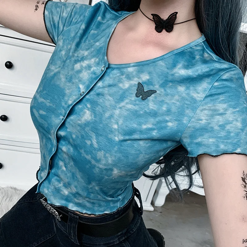 Blue Tye Die T Shirt Women Streetwear Harujuku Embroidery Butterfly Crop Top Button Tee Shirt Femme 90s Gothic Korean Clothes