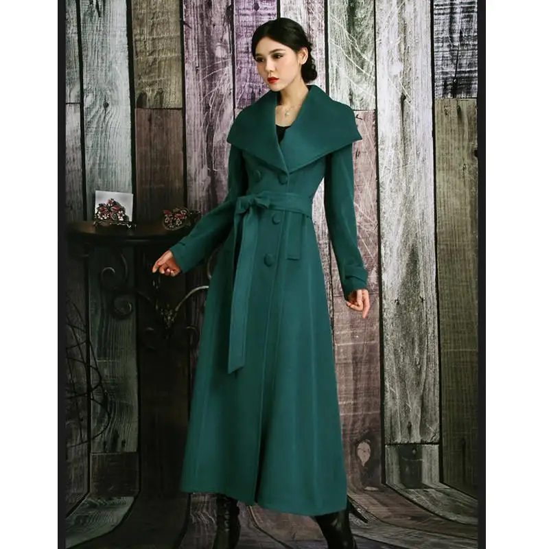 

2019 Autumn Winter Woman Vintage Slim X-Long Wool Blend Coat With Belt Female Elegant Thick Woolen Outwear Casaco Feminino R293