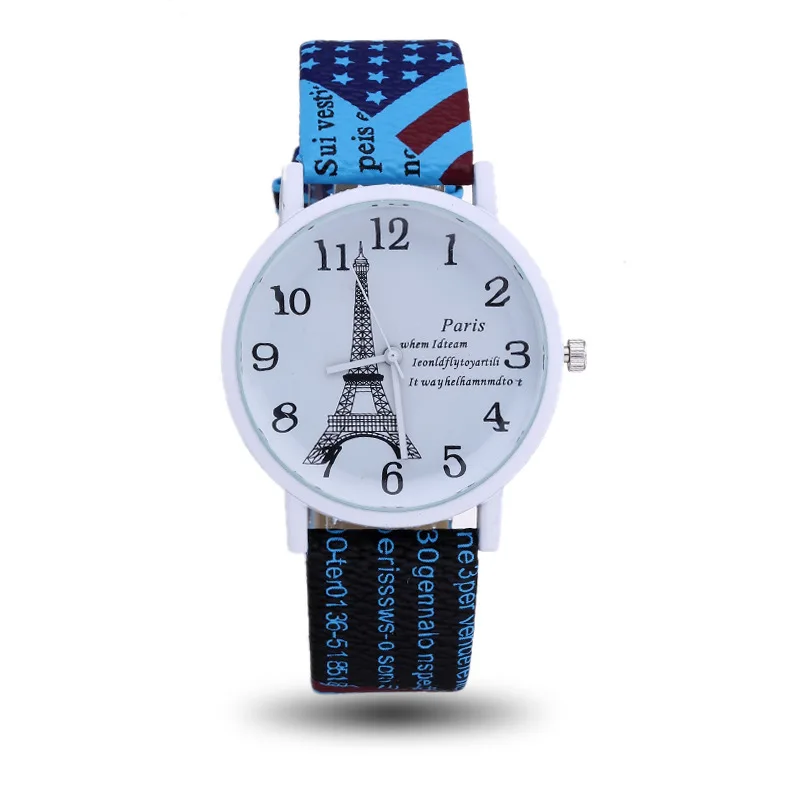 

New Style Europe And America Students Watch Eiffel Iron Tower with Numbers Measuring English Lettered Leather Belt Fashion Men A