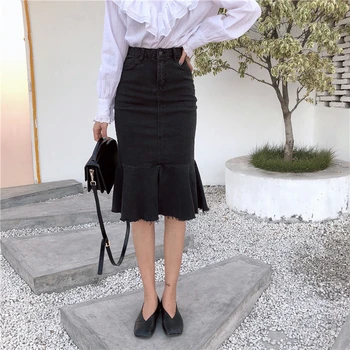 

HziriP Fashion High Waist Denim Skirt Black Light Washed Women Pencil Trumpet Skirts 2018 Sexy Spring Summer Cowboy Skirt Faldas