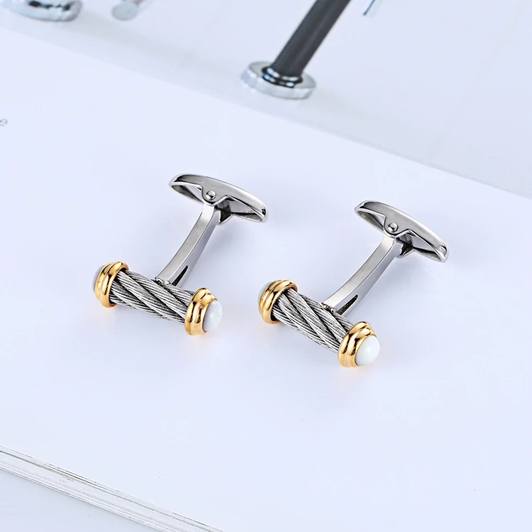 Heißer Verkauf Edelstahl Kabel Design Manschettenknöpfe Silber & 18K Gold Farbe Shell Manschettenknopf für Männer Geschenke Hochzeit Business Manschettenknöpfe – Detail 2