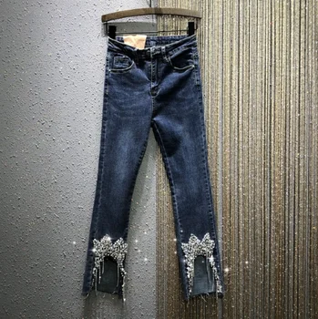 

European Diamond Jeans Woman 2020 Spring New High-Waist Slim Stretch Rhinestone Beaded Tassel Cropped Denim Trousers Students