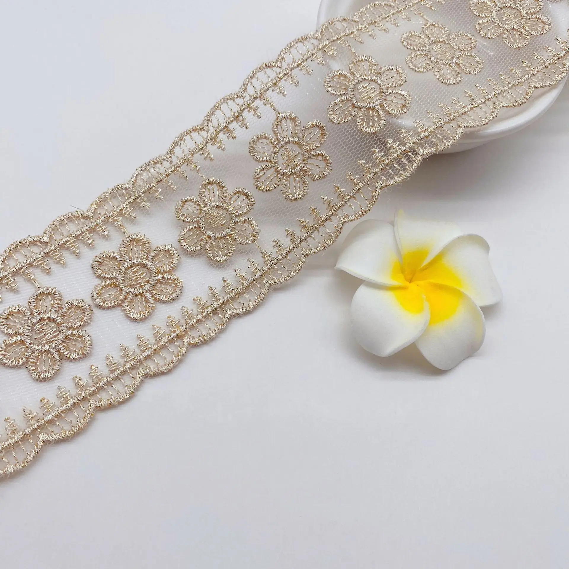 

5.1cm Mesh Embroidery Golden Thread Hollow Flower Silk Fabrics DIY Wedding Necklace Sewing Garment Accessories