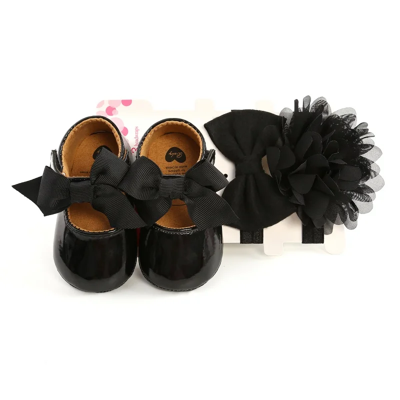 

Newborn Baby Girl Lovely PU Anti-Slip Casual Walking Shoes Bow Soft Soled Shoes+2 Headbands 3 Suit
