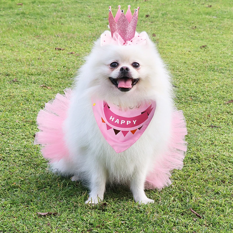 Dog Party Supplies Pet Tutu Skirt Bandana and Crown Pet Birthday Costume Skirt with Crown Headband