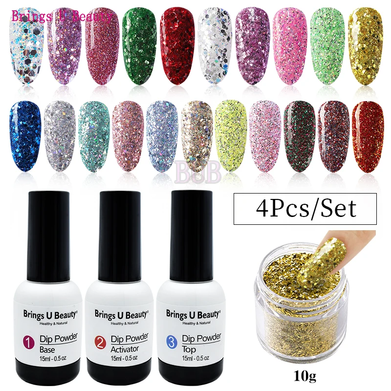 

4 in 1 Dipping Powder Tool Kits Set 10g Shine Glitter Dip Powder 15ml Base Coat Top Coat Activator Natural Dry Long Lasting