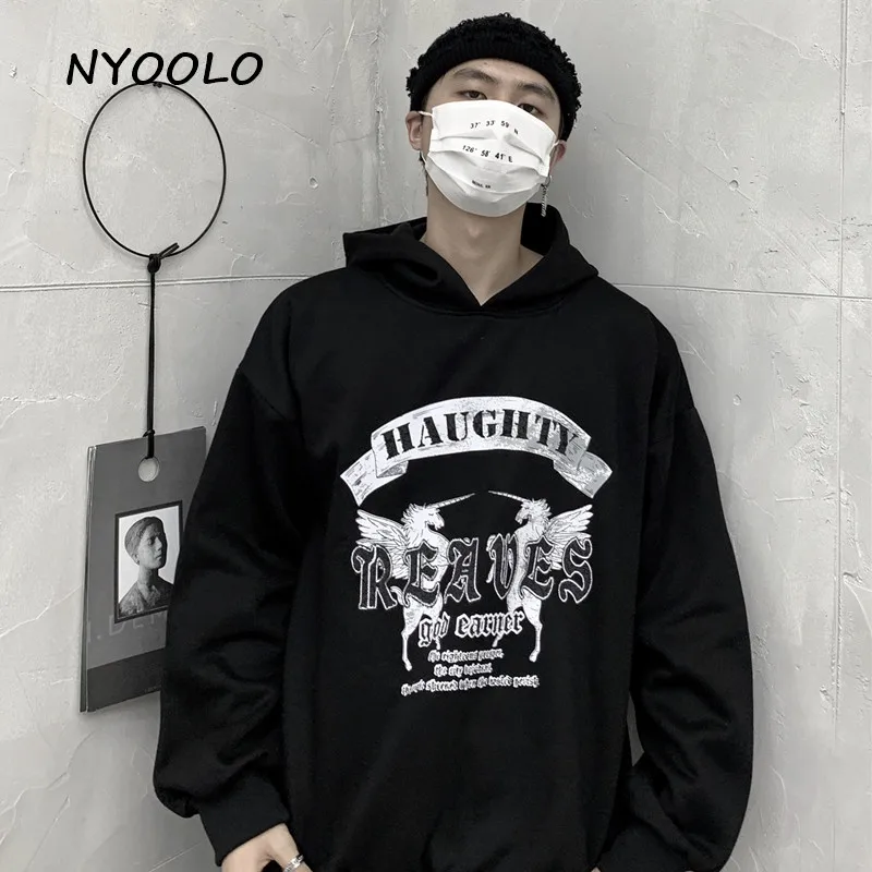 NYOOLO Harajuku винтажные флисовые толстовки с принтом лошади и буквами осень-зима плюс бархатные теплые пуловеры с капюшоном Толстовка для женщин и мужчин