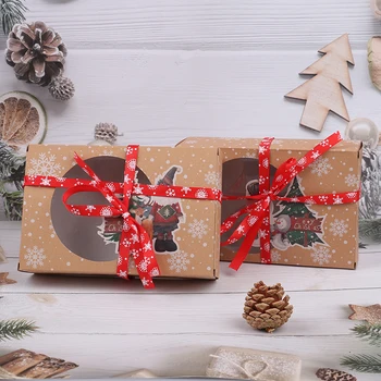 

6/12/24PCS Christmas Cookie Gift Boxes New Year Favors Boxes with Clear Window Kraft Paper Boxes Candy Arts Package Box
