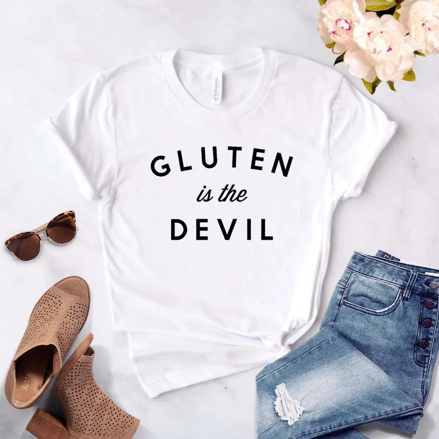 Gluten Is The Devil Print Женская футболка смешные изделия из хлопка футболка для Yong Lady girl Топ Футболка хипстер Прямая поставка NA-365 - Цвет: Белый