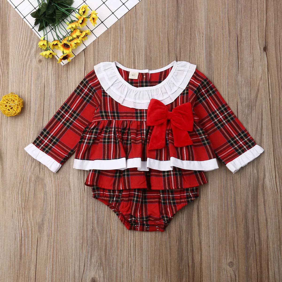 Рождественское красное платье в клетку для новорожденных девочек рождественское платье принцессы с длинными рукавами и бантом комбинезон Девочки младенца от 0 до 24 месяцев, Лидер продаж года
