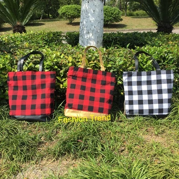 

30pcs/lot Hot Selling Personalized Monogrammed Large Red Buffalo Plaid Tote Bag With Gold Leather Handle