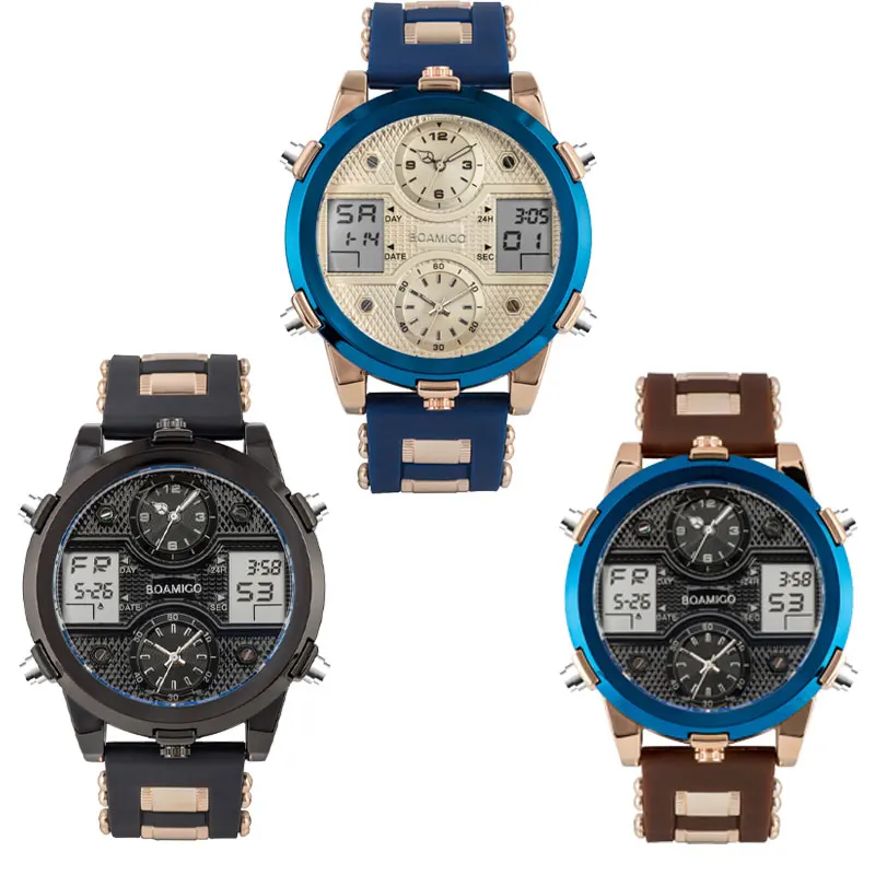 BOAMIGO Mens Watches Top Luxury Brand Men Sports Watches Men's Quartz LED Digital 3 Clock man Male Wrist Watch relogio masculino