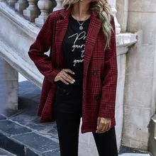 

Women Autumn Spring Suit Jacket Winter Houndstooth Plaid Turn Down Coat Ladies Fashion Button Long Sleeved Commuting Overcoat