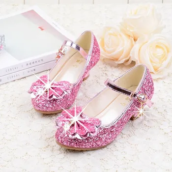 

Princess Kids Leather Shoes For Girls Flower Casual Glitter Children High Heel Girls Shoes Butterfly Knot Sliver Pink Gold