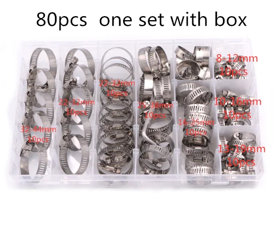 

80PCS/Box 100pcs Multi Size 8mm-44mm Stainless Steel Hoop Clamp Hose Clamp Stainless Steel Set automotive pipes clip Fixed tool