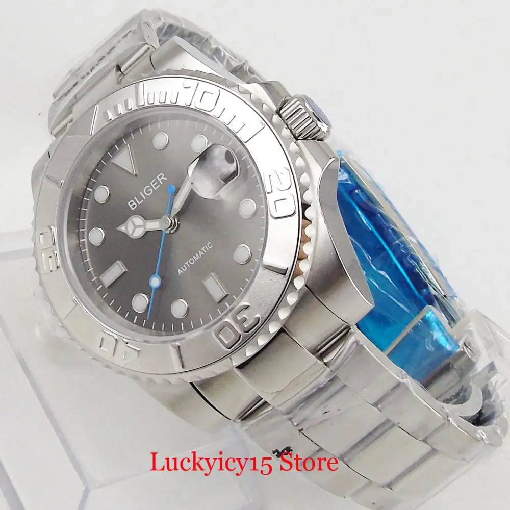 

BLIGER Luxury Grey Self Winding Men Watch Sapphire Crystal Date Window Mental Bracelet MIYOTA Movement