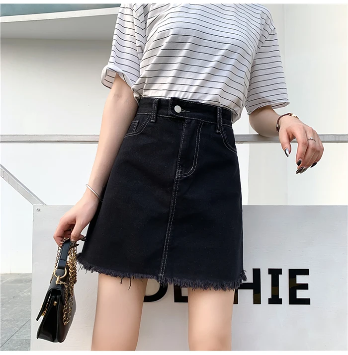 Женская джинсовая мини-юбка с карманами и бахромой TIGENA, черная юбка большого размера для женщин