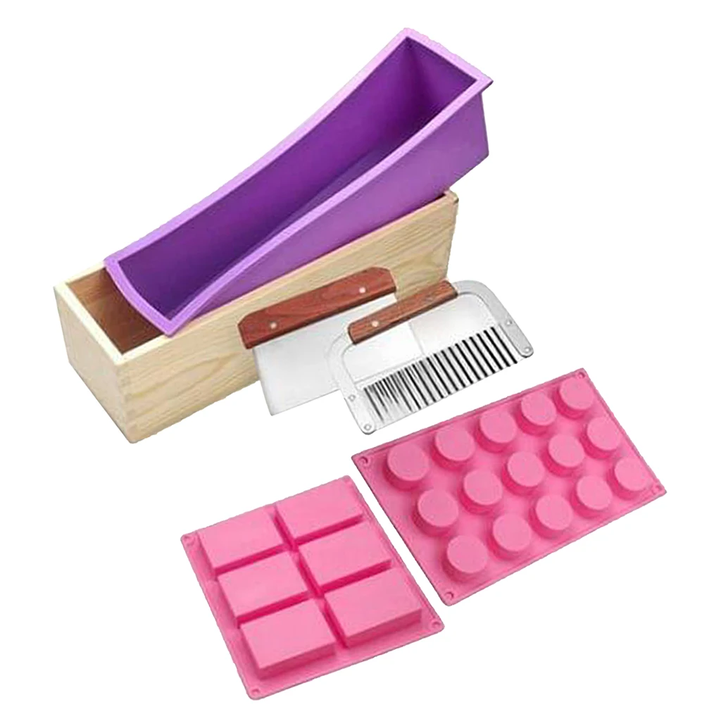 Silicone Soap Mold Wood Box Kit Flexible Cake Mold, Stainless Steel Wavy Straight Scraper Soap Cutter Slicer for Candle Making
