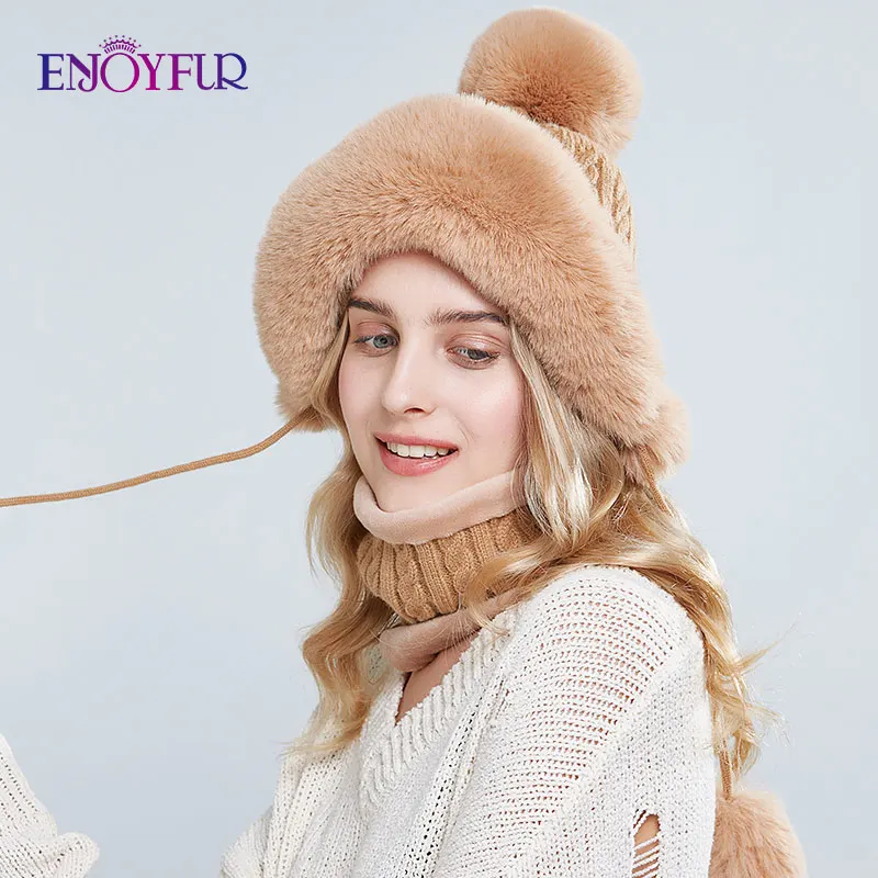 ENJOYFUR, женская шапка-бомбер, шарф, набор для зимы, теплые шапки из искусственного кроличьего меха с толстой подкладкой, шапки-шапочки для девочек - Цвет: 25