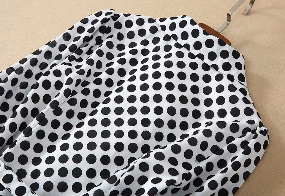 Dot Print Long Sleeve Single-Breasted Pleated Elegant Elegant Slim Party Belt Shirt Long Dress Spring Summer High Quality New