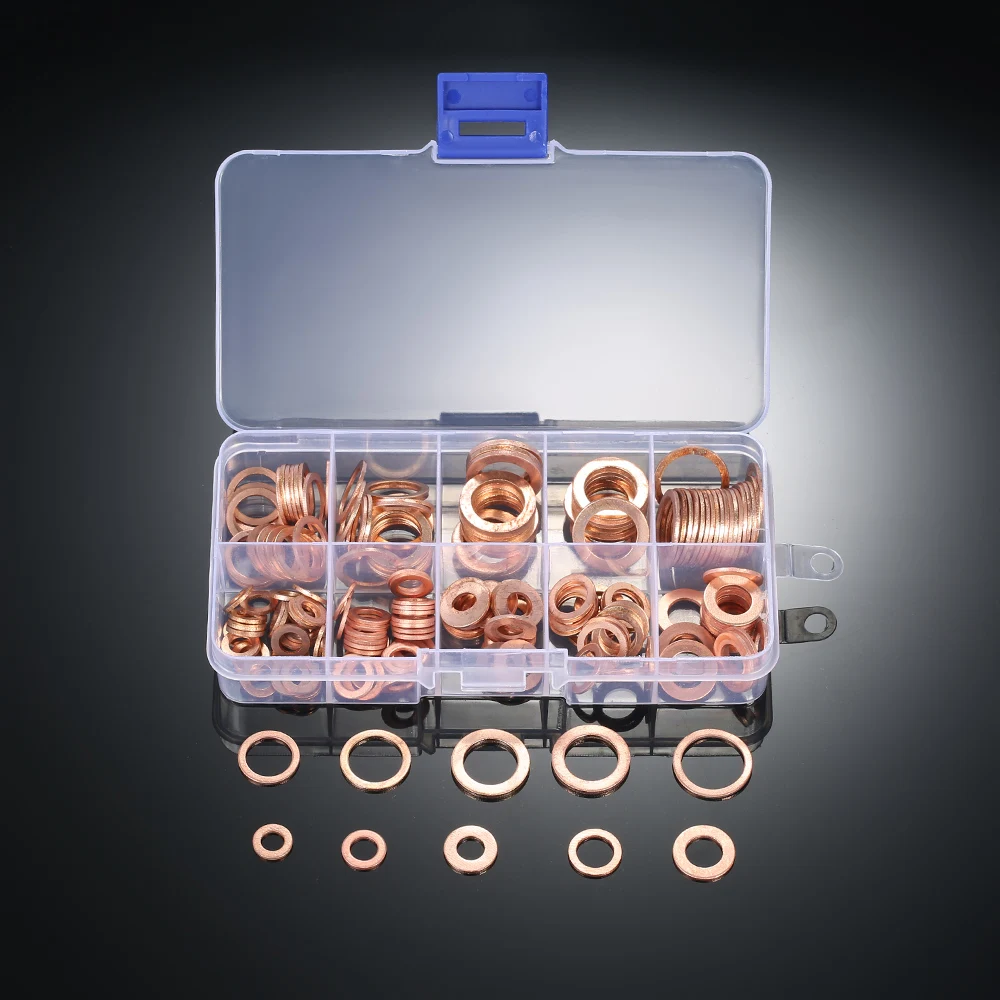 

200PCS M5-M14 Copper Washers Gasket Set Flat Ring Seal Assortment Kit with Box 9 Sizes for Hardware Accessories