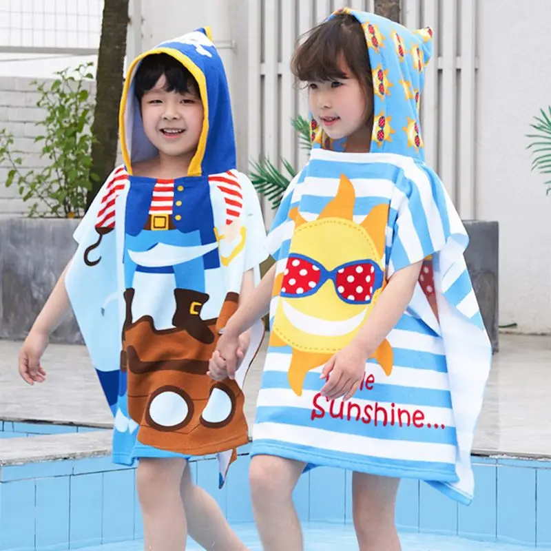 

Large Cute Kids Hooded Bath Towel Cloak Cartoon Print Boys Girls Bathroom Beach Can Wear Super Absorbent Child Sunscreen Shawel