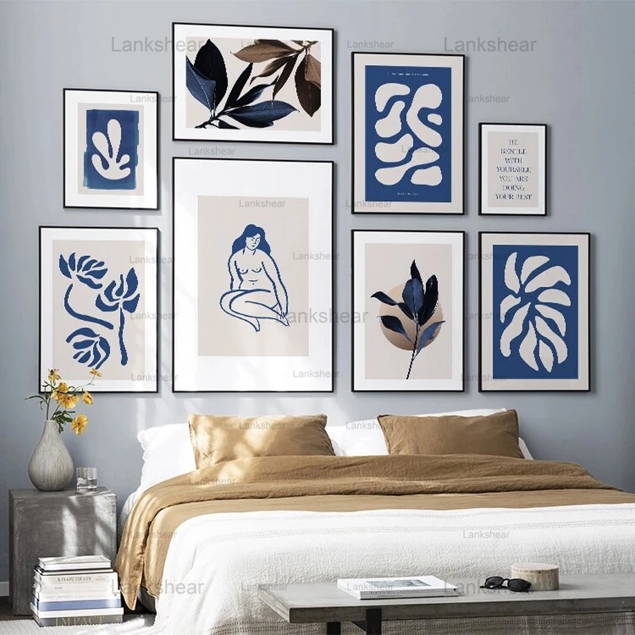 

Abstract Wall Art Canvas Painting Blue Line Girl Lotus Leaf Nordic Posters and Prints Wall Pictures for Living Room Home Decor