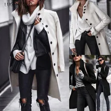 Lugentolo Women Long Coat Wool Autumn Fashion Casual Black White Solid Single-breasted Street Trend Turn-down Collar Coat