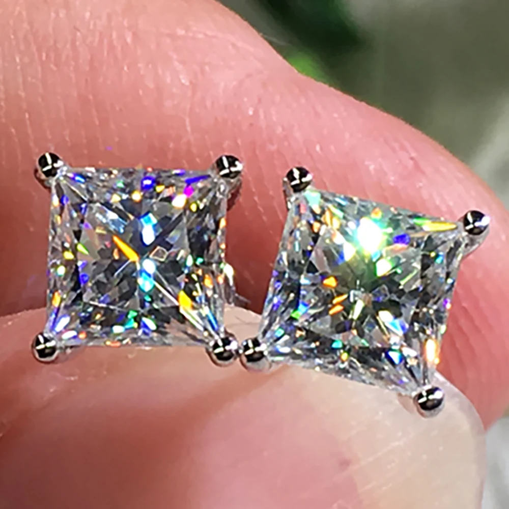 

Custom Solid 10K White Gold 4 Carat Stud Earrings Women Wedding Anniversary Engagement 2 Ct Square Princess Moissanite Diamond