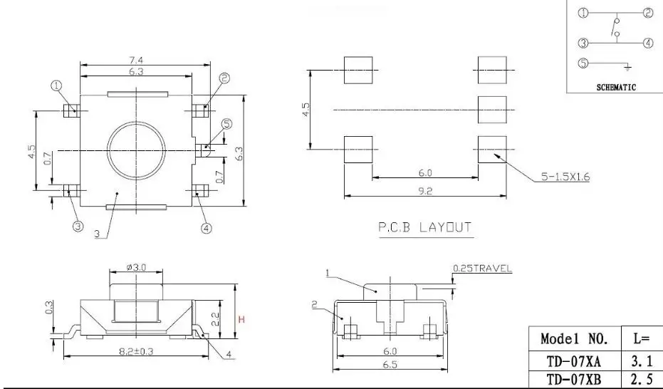 6x6xH2. 5/2. 7/3. 1/3. 4/3. 7 мм Высокая 5Pin SMT SMD патч тактильная тактовая кнопка микропереключатель самосброс