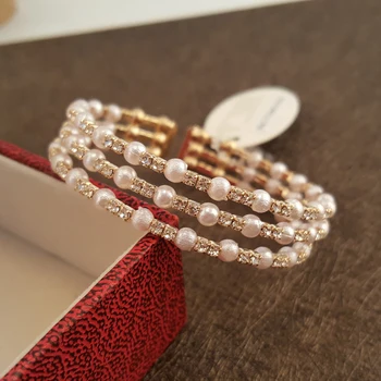 

Luxury Rhinestone with Pearl Bangle pulseira feminina Trendy Charm 3 Rows Gold Bracelet Wrist Chain For Women Bridal Jewelry