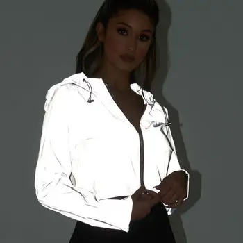 

2019 Spring New Reflective Female Jacket Casual Sport Hooded Short Coat Women Crop Top Casaco Feminino Manteau Femme
