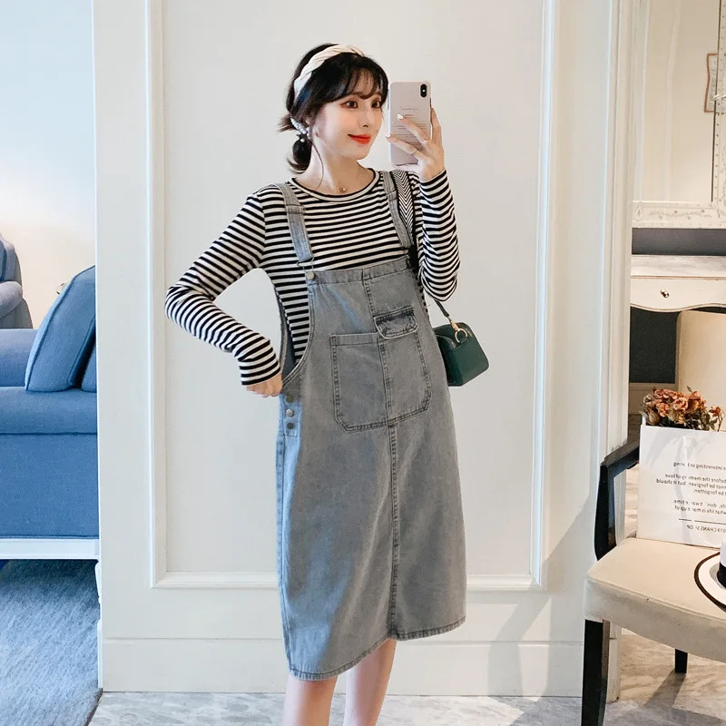 

2019 Autumn Clothing New Style Large Size Dress Fat Mm Slimming Versatile Cowboy Suspender Pants + Stripes T-shirt Two-Piece Set