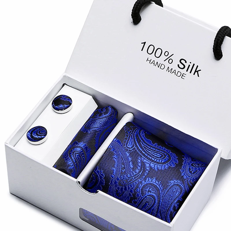 

Classical 7.5cm Black Blue Print Tie For Mens Silk Necktie Hanky Gift Box Set Jacquard Men Tie Set With White Box