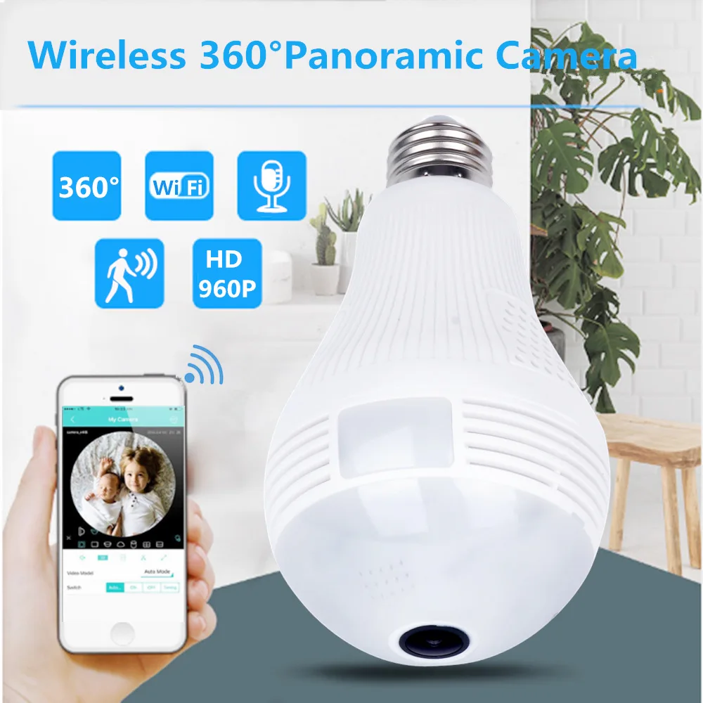 HD безопасность WiFi камера светодиодный светильник 360 VR панорамный рыбий глаз