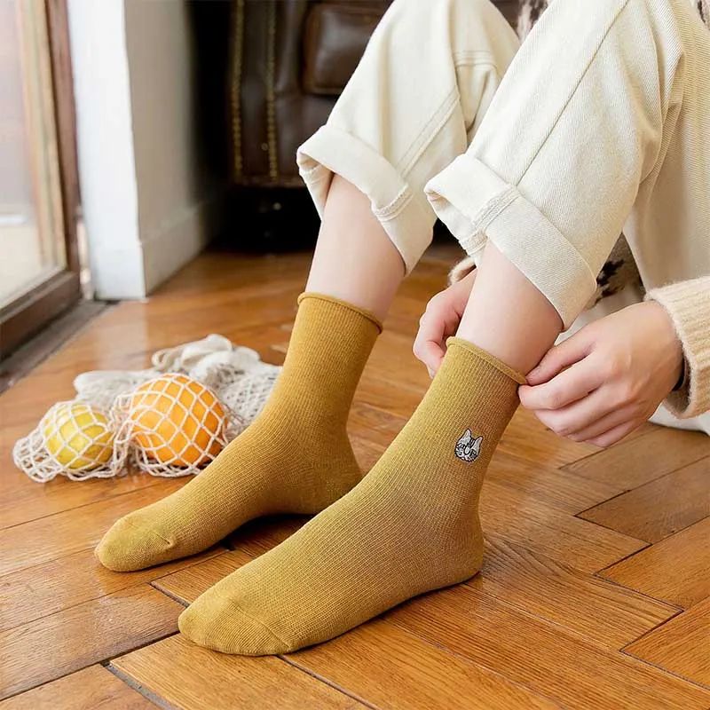 Теплые забавные носки для животных в стиле Харадзюку с милой вышивкой; женские кавайные японские носки; Новинка; хлопковые носки; Calcetines Mujer Sokken
