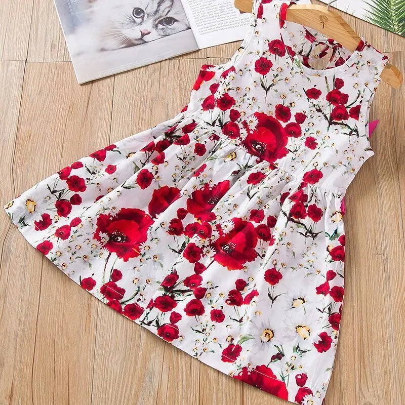 Платья для девочек; коллекция года; сезон весна-лето; платья без рукавов с цветочным принтом из хлопка и льна для девочек; платья для девочек