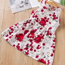 Платья для девочек; коллекция года; сезон весна-лето; платья без рукавов с цветочным принтом из хлопка и льна для девочек; платья для девочек