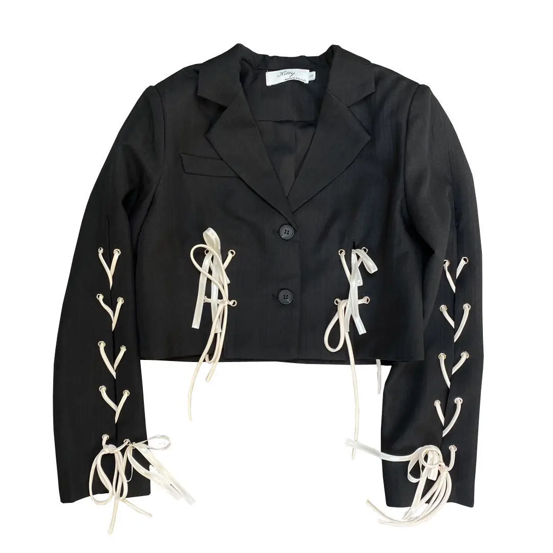 Spring Autumn Long Sleeve Notched Collar Lace Up Short Jacket Women Vintage Retro Gothic Goth Blazer Women Coat Cropped Tops