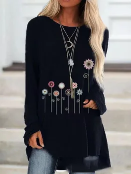 

2019 Hot Selling European and American-Style Printed Long-Sleeve O Neck Crew Neck T-shirt Women's