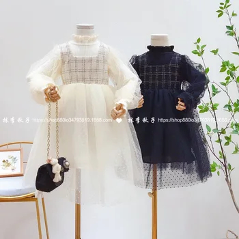 

Children's clothing 2020 autumn new foreign style fake two-piece mesh stitching knitted long-sleeved girl princess dress