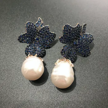 

Bilincolor royal blue flower and white pearl drop earring fashion jewerlry for women