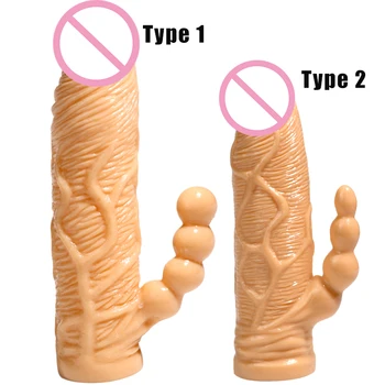 Double Anal Penis Extender Sleeve Wearable Hollow Dildo Penis Condom Reusable Dick Cock Enlargement Extension Sex Toys For Men 4